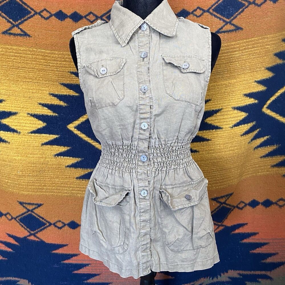 Y2k Yank 100% Linen Button Up Collared Blouse. Po… - image 1